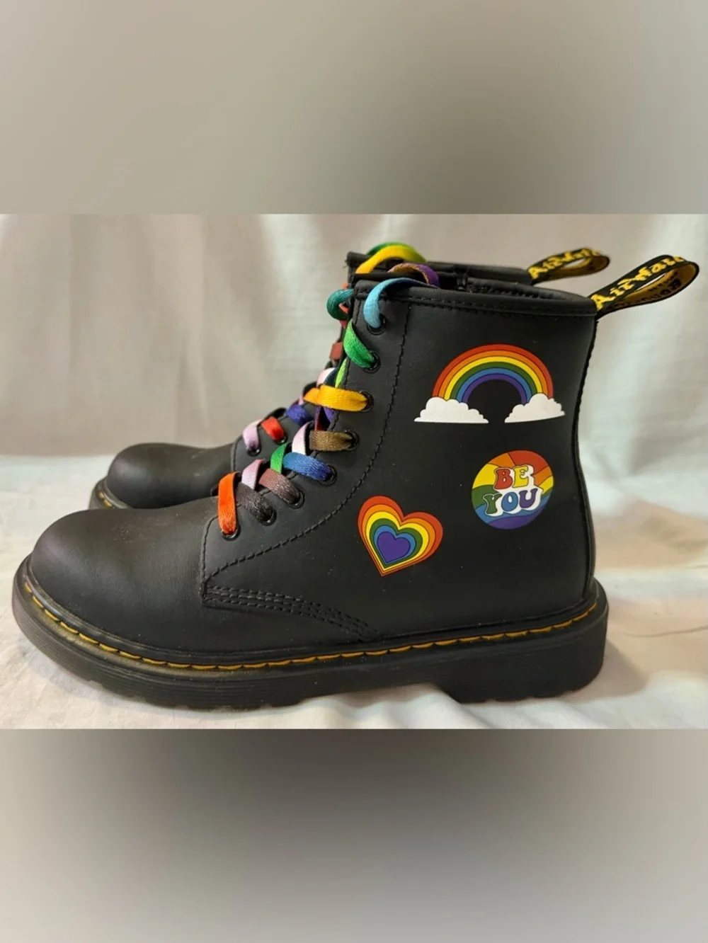 Dr Martens Combat Boots 1460 YOUTH Size 3 Retro Rainbow Combat Pride Black